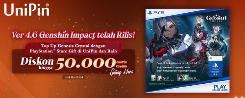 Ver 4.6 Genshin Impact telah Rilis! Top Up Genesis Crystal dengan PlayStation™ Store Gift Card di UniPin & Raih Diskon hingga 50.000 Setiap Hari